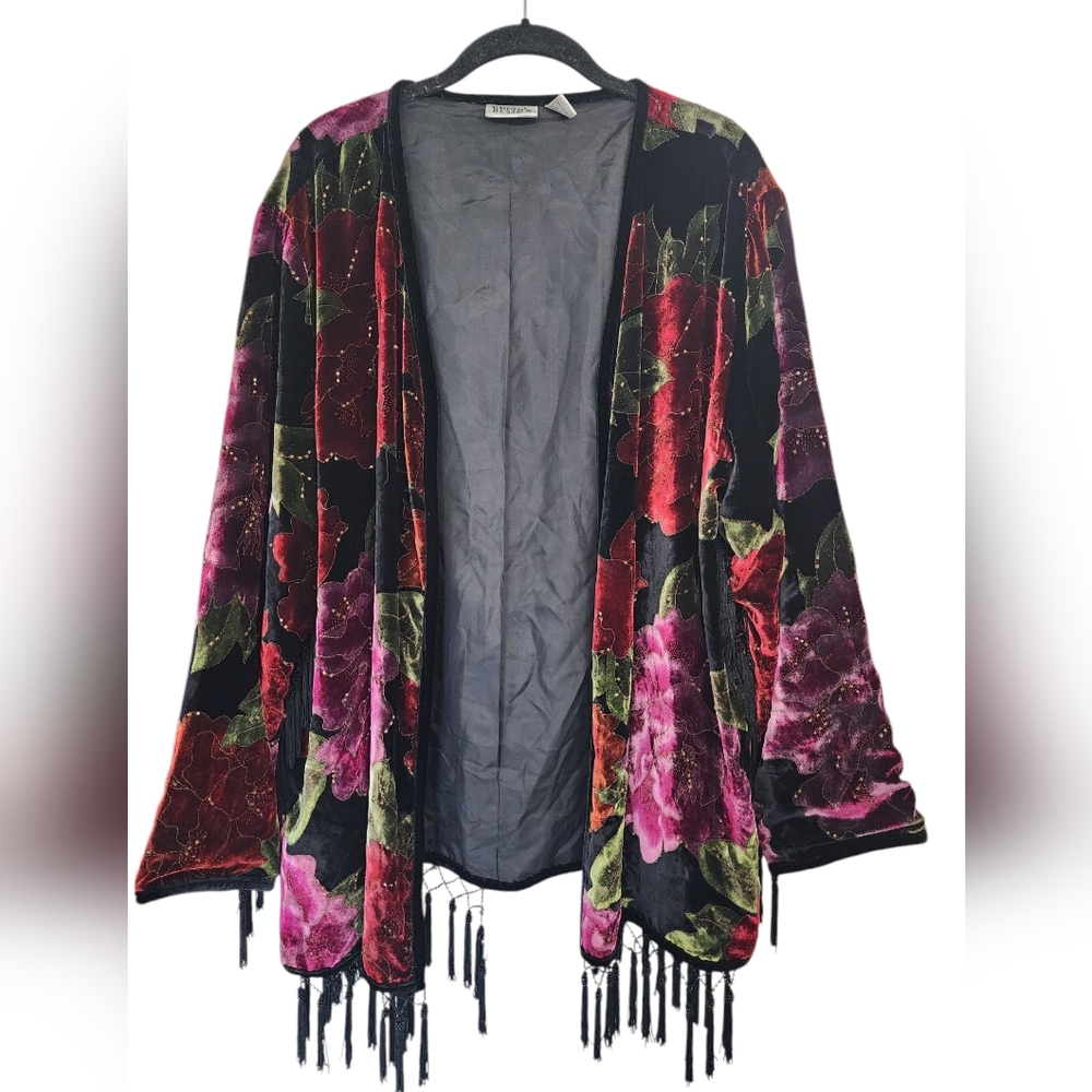 CHICO'S open cardigan, floral, tassel, beaded velvet, size 3